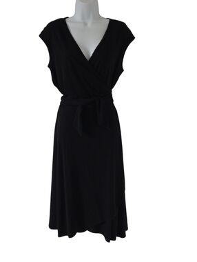 Karen Kane Black Wrap Dress LP Classic Knee Length Cap Sleeve Strech